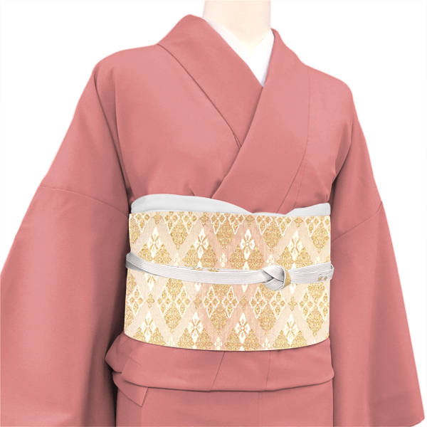 浅田叡一織物 袋帯 西陣織 正絹 花菱 ベージュ ピンク 紫 金色［35,200円］ 枚目