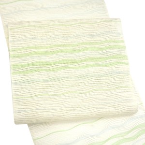 高光織物 絹紙布 夏名古屋帯 よろけ横段 オフホワイト×黄緑×水色［66,000円］