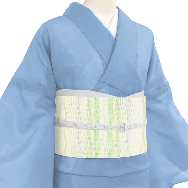 高光織物 絹紙布 夏名古屋帯 よろけ横段 オフホワイト×黄緑×水色［66,000円］ 枚目