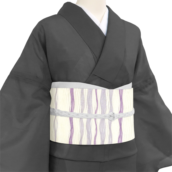 高光織物 絹紙布 夏名古屋帯 よろけ横段 白×紫×藤色［66,000円］ 枚目