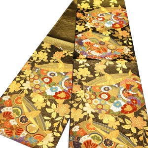 橋本テル織物 振袖用袋帯 西陣織 絹 糸巻 桜 菊 牡丹 鳳凰 蝶 亀甲 七宝 黒 金［66,000円］