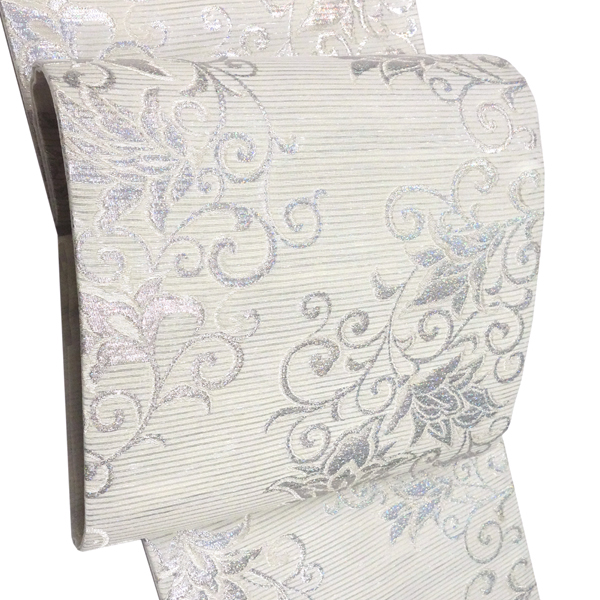 佐々木染織 絽袋帯 夏袋帯 西陣織 ライトグレー シルバー 唐草 唐花 絹 夏帯 枚目