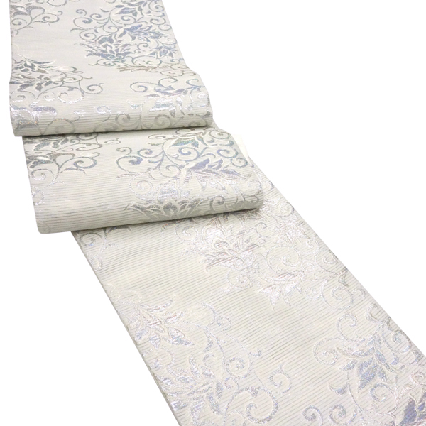 佐々木染織 絽袋帯 夏袋帯 西陣織 ライトグレー シルバー 唐草 唐花 絹 夏帯 枚目