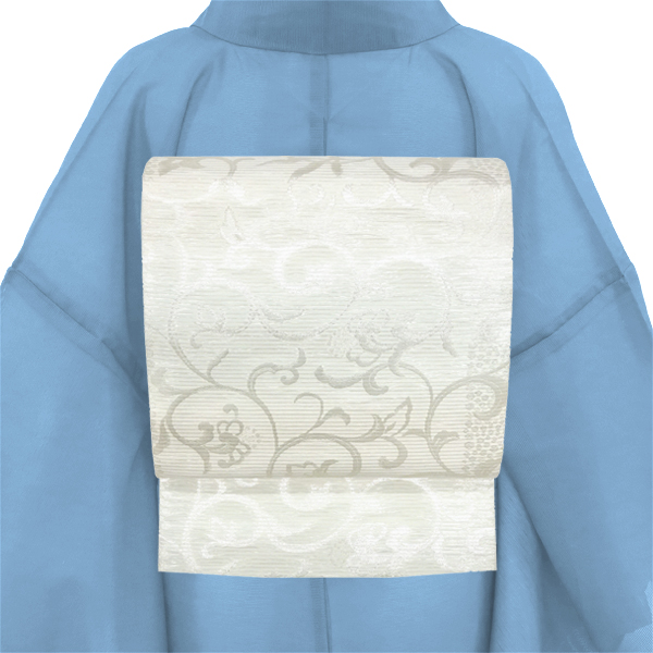 佐々木染織 夏袋帯 西陣織 絹 唐草 唐花 更紗 白 黄緑［36,300円］ 枚目