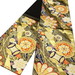 志都香 振袖用袋帯 西陣織 絹 熨斗 華文 花七宝 黒×紺×金［66,000円］