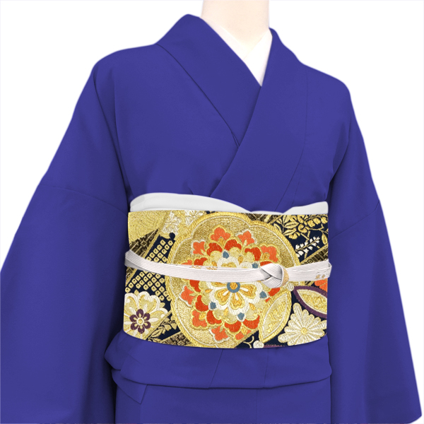 志都香 振袖用袋帯 西陣織 絹 熨斗 華文 花七宝 黒×紺×金［66,000円］ 枚目