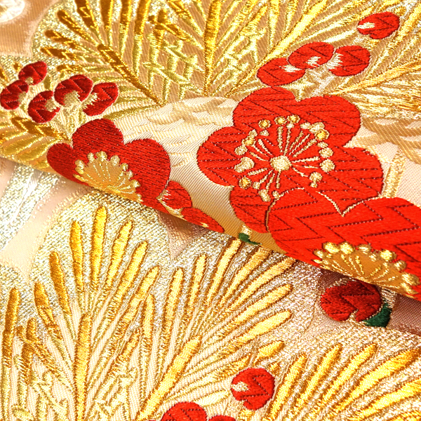 絲屋善創 振袖袋帯 西陣織 正絹 松竹梅 ピンクベージュ 金色［143,000円］ 枚目