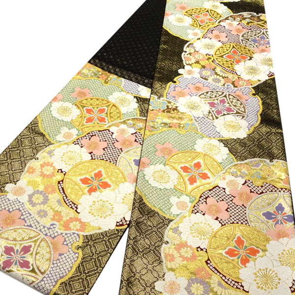 志都香 振袖用袋帯 西陣織 絹 雪輪 花七宝 桜 黒×金［66,000円］ 枚目