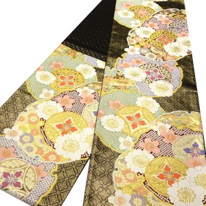 志都香 振袖用袋帯 西陣織 絹 雪輪 花七宝 桜 黒×金［66,000円］