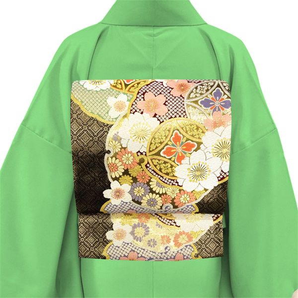 志都香 振袖用袋帯 西陣織 絹 雪輪 花七宝 桜 黒×金［66,000円］ 枚目