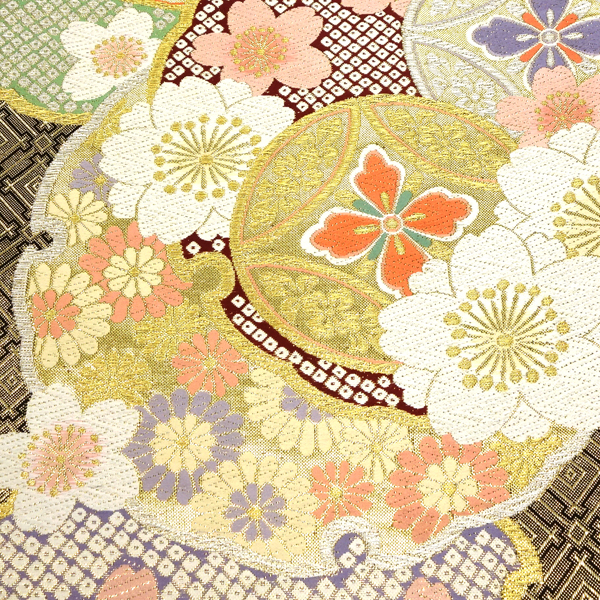 志都香 振袖用袋帯 西陣織 絹 雪輪 花七宝 桜 黒×金［66,000円］ 枚目