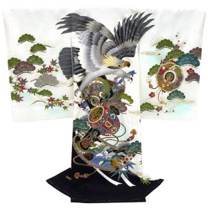 お宮参り 京友禅 男の子産着 白 鷹 龍 打ち出の小槌 初着 のしめ 着物 祝い着 男児 男 正絹 赤ちゃん 絹［60,500円］