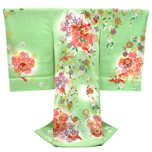お宮参り 女の子 産着 黄緑 正絹 着物 初着 鞠 折り鶴 桜［55,000円］