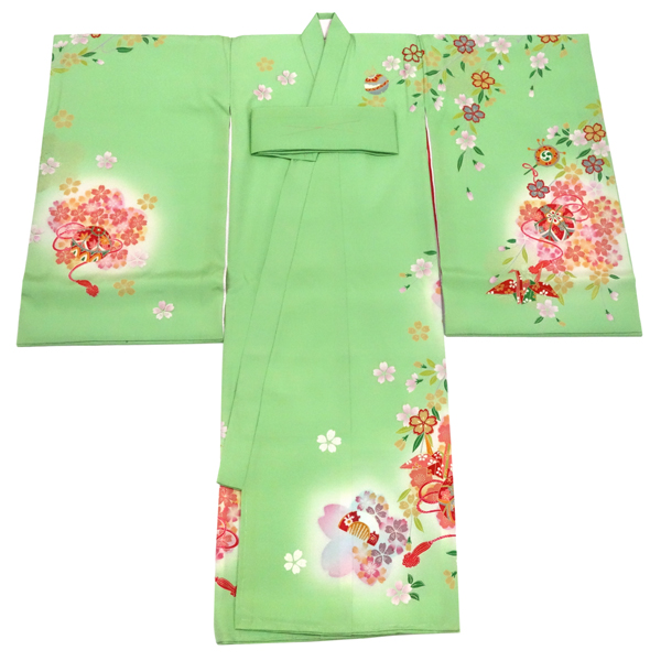 お宮参り 女の子 産着 黄緑 正絹 着物 初着 鞠 折り鶴 桜［55,000円］ 枚目