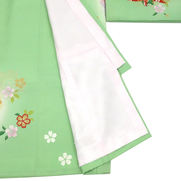 お宮参り 女の子 産着 黄緑 正絹 着物 初着 鞠 折り鶴 桜［55,000円］ 枚目