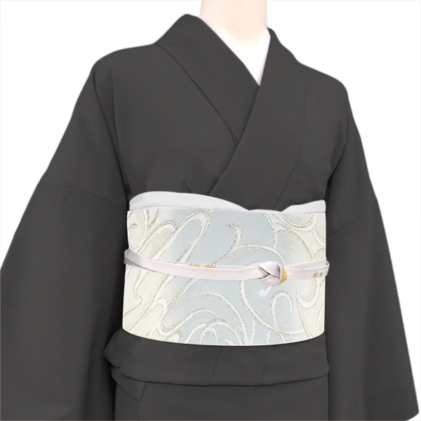 佐々木染織 袋帯 白×水色 絹 フォーマル 礼装用 西陣織 古典柄 流水［36,300円］ 枚目