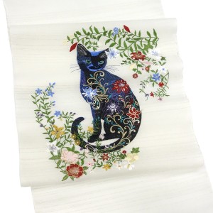 刺繍名古屋帯 白 スリーシーズン対応 正絹 猫柄 カジュアル 九寸帯［66,000円］