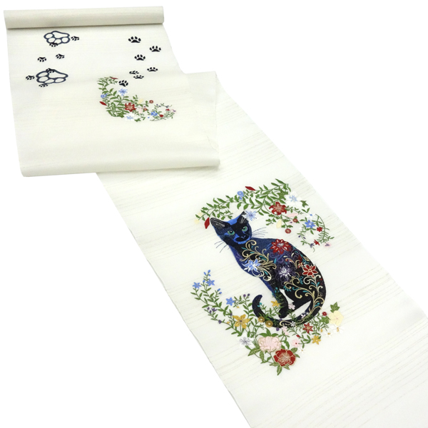 刺繍名古屋帯 白 スリーシーズン対応 正絹 猫柄 カジュアル 九寸帯［66,000円］ 枚目