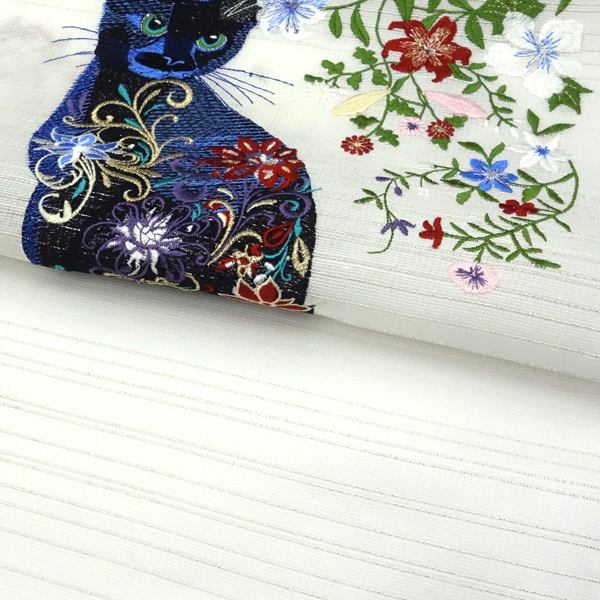 刺繍名古屋帯 白 スリーシーズン対応 正絹 猫柄 カジュアル 九寸帯［66,000円］ 枚目