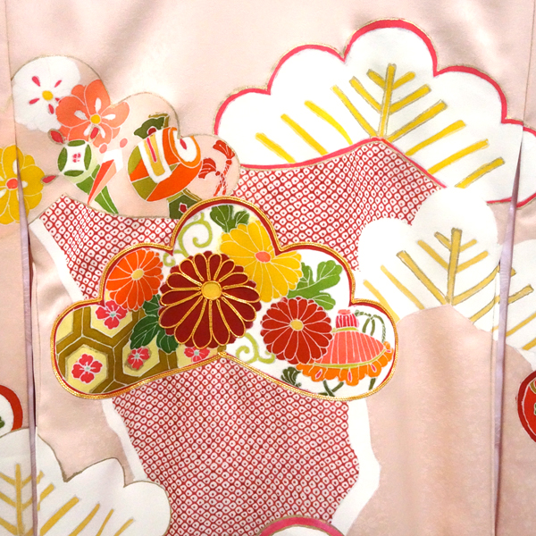 手挿し京友禅 女の子産着 お宮参り 着物 初着 のしめ ピンク 松 菊 正絹 摺り疋田 赤ちゃん［176,000円］ 枚目