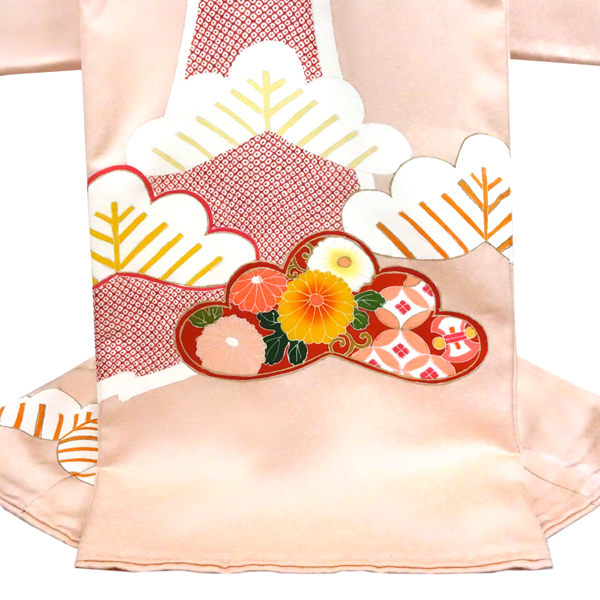 手挿し京友禅 女の子産着 お宮参り 着物 初着 のしめ ピンク 松 菊 正絹 摺り疋田 赤ちゃん［176,000円］ 枚目