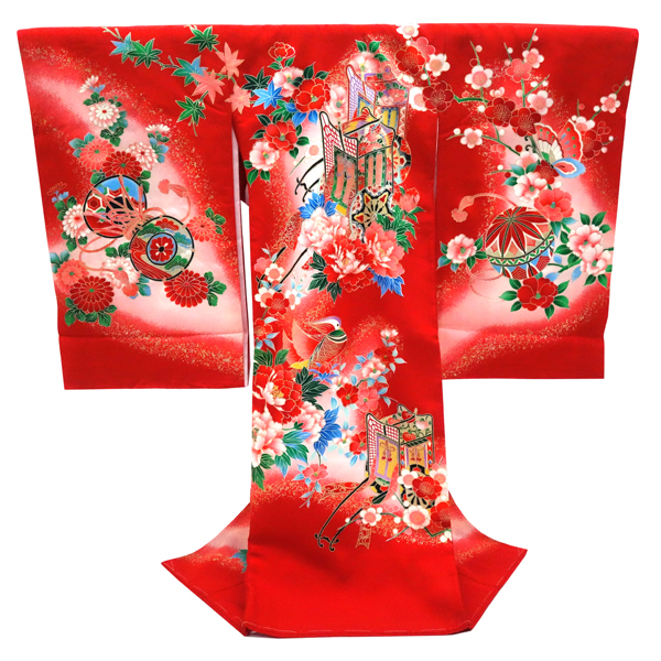 女の子産着 赤 正絹 お宮参り 着物 初着 のしめ 御所車 毬 赤ちゃん［26,400円］ 枚目