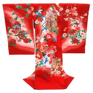 女の子産着 赤 正絹 お宮参り 着物 初着 のしめ 御所車 毬 赤ちゃん［26,400円］