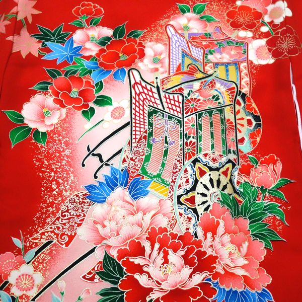 女の子産着 赤 正絹 お宮参り 着物 初着 のしめ 御所車 毬 赤ちゃん［26,400円］ 枚目