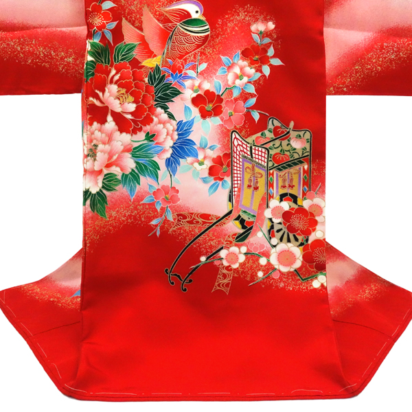 女の子産着 赤 正絹 お宮参り 着物 初着 のしめ 御所車 毬 赤ちゃん［26,400円］ 枚目