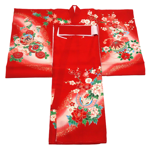 女の子産着 赤 正絹 お宮参り 着物 初着 のしめ 御所車 毬 赤ちゃん［26,400円］ 枚目