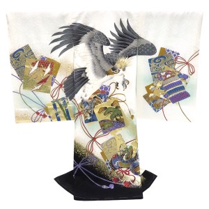 お宮参り 京友禅 男の子産着 白 鷹 色紙 初着 のしめ 着物 祝い着 正絹 赤ちゃん 絹［60,500円］