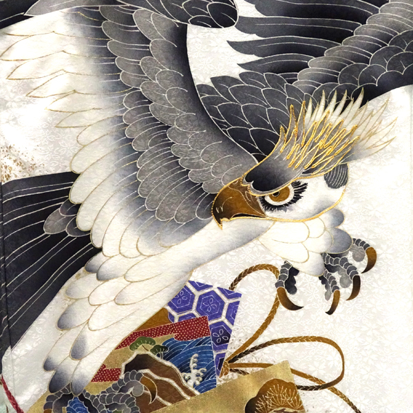 お宮参り 京友禅 男の子産着 白 鷹 色紙 初着 のしめ 着物 祝い着 正絹 赤ちゃん 絹［60,500円］ 枚目