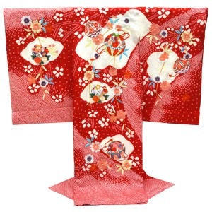 お宮参り 女の子産着 赤色 正絹 絞り 着物 初着 のしめ 手毬［121,000円］