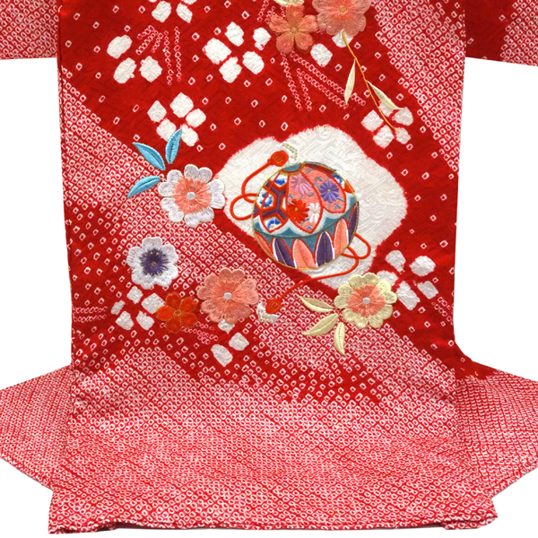 お宮参り 女の子産着 赤色 正絹 絞り 着物 初着 のしめ 手毬［121,000円］ 枚目