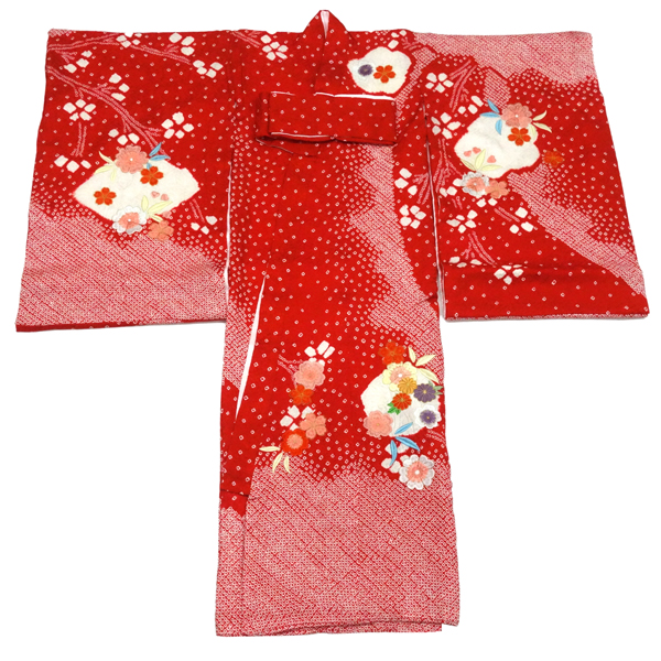 お宮参り 女の子産着 赤色 正絹 絞り 着物 初着 のしめ 手毬［121,000円］ 枚目