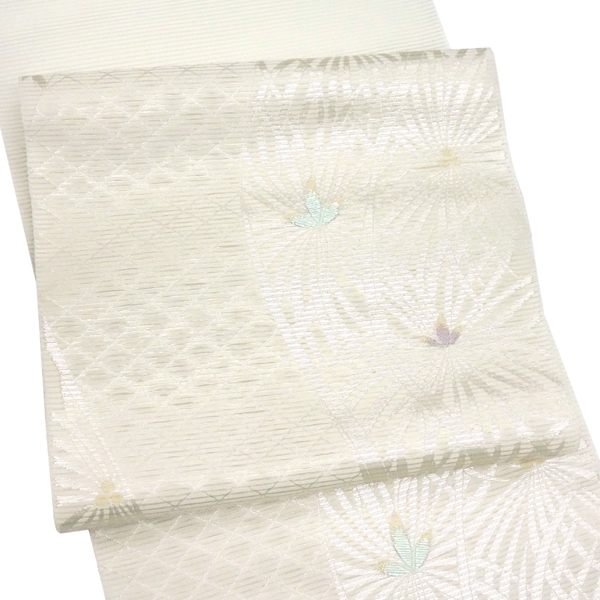 佐々木染織 夏絽名古屋帯 白色 西陣織 花 菱格子 絹 夏帯 夏九寸帯［28,600円］ 枚目