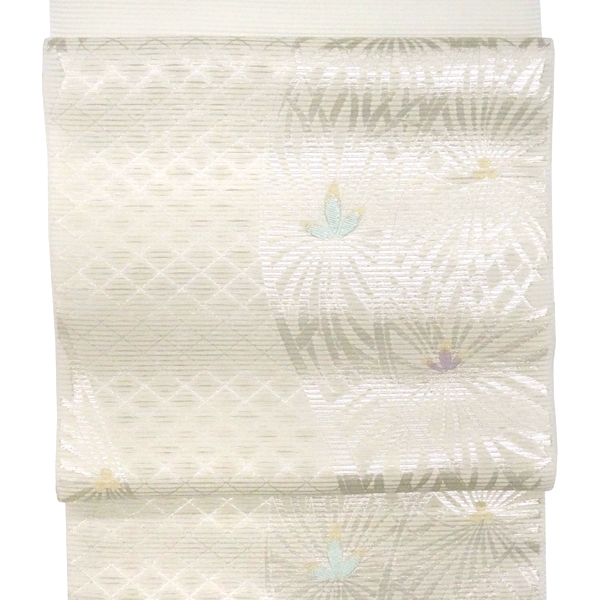 佐々木染織 夏絽名古屋帯 白色 西陣織 花 菱格子 絹 夏帯 夏九寸帯［28,600円］ 枚目