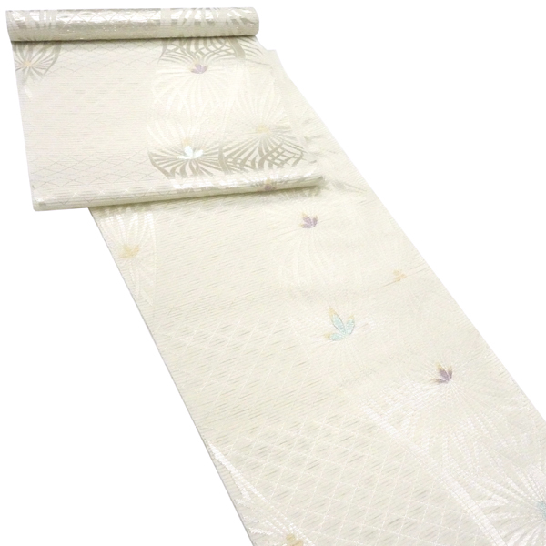 佐々木染織 夏絽名古屋帯 白色 西陣織 花 菱格子 絹 夏帯 夏九寸帯［28,600円］ 枚目