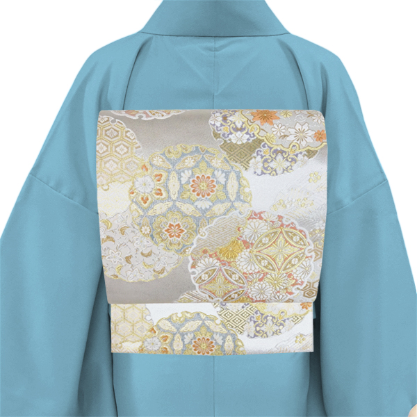 志都香 袋帯 西陣織 絹 雪輪 七宝 四季花 唐花 シルバー 銀色［66,000円］ 枚目