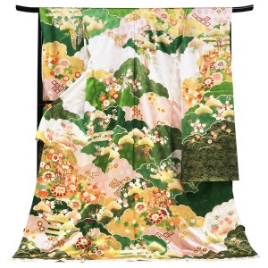 吉澤の友禅 振袖 白×黄緑 十日町 古典柄 御所車 雲取り 正絹 友禅［228,000円］
