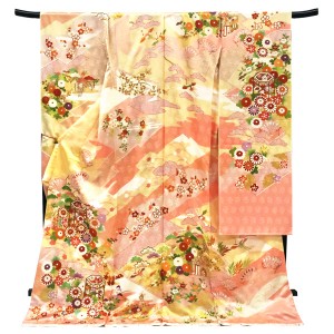 吉澤の友禅 振袖 古典柄 貝桶 菊 正絹 黄色 クリーム色 ピンク  成人式［264,000円］