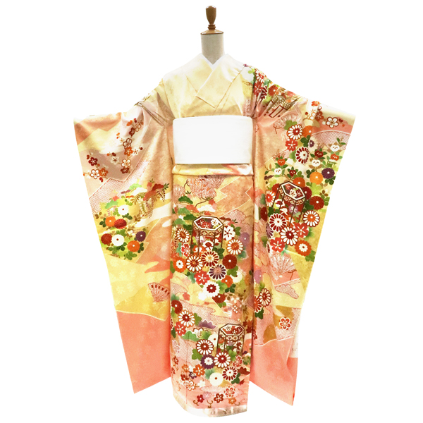 吉澤の友禅 振袖 古典柄 貝桶 菊 正絹 黄色 クリーム色 ピンク  成人式［264,000円］ 枚目