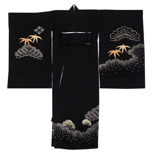 絞り 刺繍 産着 男の子 黒 お宮参り 兜 矢羽 松 初着 のしめ 着物 祝い着［69,300円］ 枚目