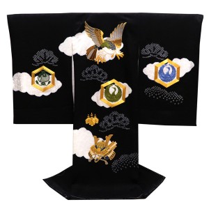 絞り 刺繍 男の子 産着 お宮参り 黒 鷹 兜 初着 のしめ 着物 祝い着 男児 正絹