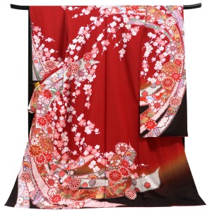 滝泰 朧染め 振袖 絞り 熨斗 毬 菊 枝垂れ桜 赤［198,000円］