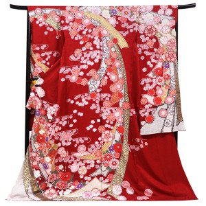 滝泰 振袖 絞り 赤 古典柄 熨斗 菊 桜 フォーマル 着物［198,000円］