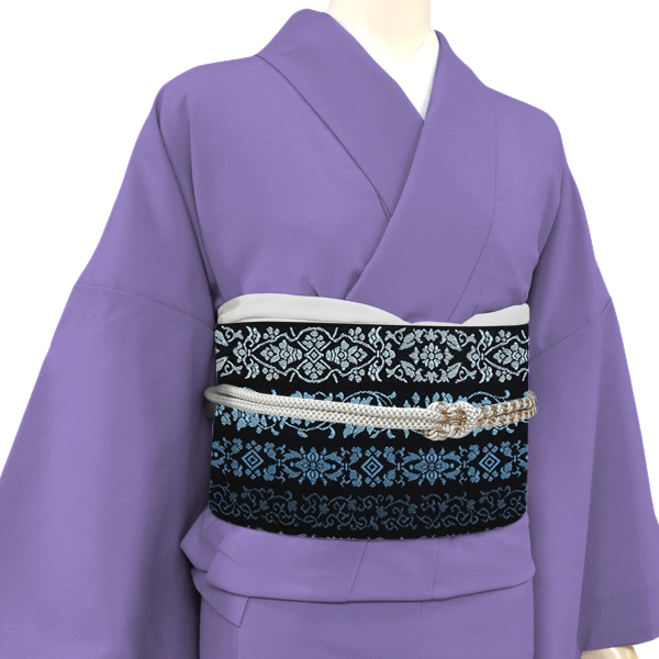森博多織 博多名古屋帯 正絹 黒 縞 間道 更紗 唐草 黒［69,300円］ 枚目