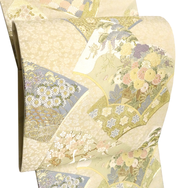 田中義 袋帯 フォーマル ベージュ 本 菊 鶴 絹 西陣織［36,300円］ 枚目