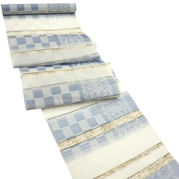 大光 名古屋帯 正絹 白×水色 格子 チェック スリーシーズン帯 西陣織 九寸帯［36,300円］ 枚目