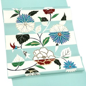 京友禅 塩瀬名古屋帯 水色 正絹 染め帯 横段 花唐草［69,800円］